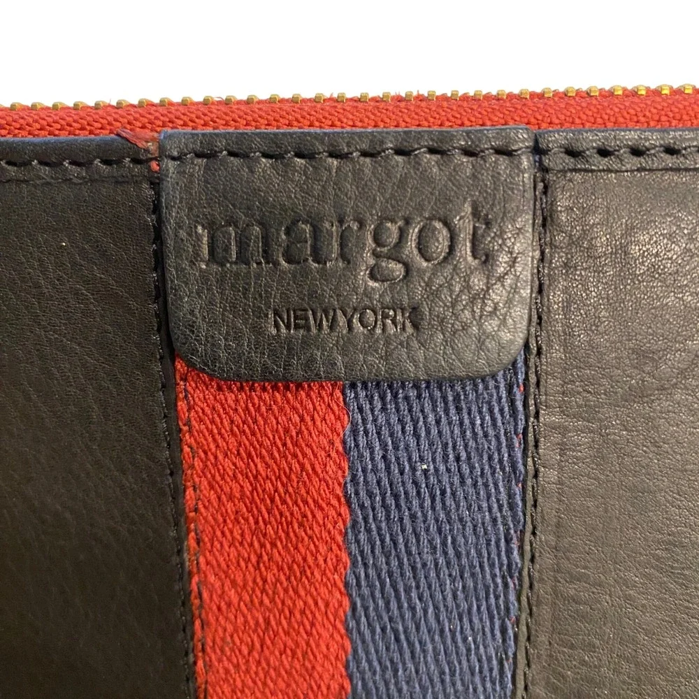 Margot New York Black Leather Wristlet Wallet Red Blue Stripe Gold Hardware EUC